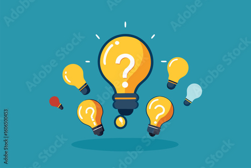 Bright ideas emerge from the question mark represented by various light bulbs in a creative illustration