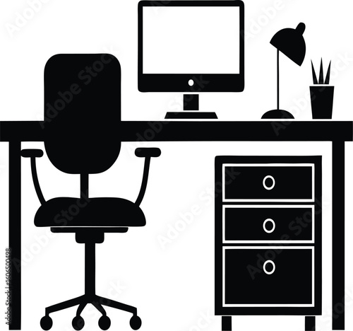 Black silhouette of a desk with a computer and a chair, which is likely an office setup
