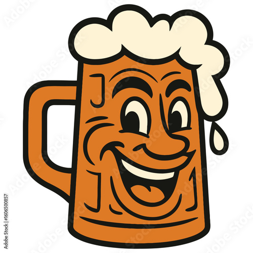 Cartoon beer mug with frothy foam and cheerful facial features, smiling widely.