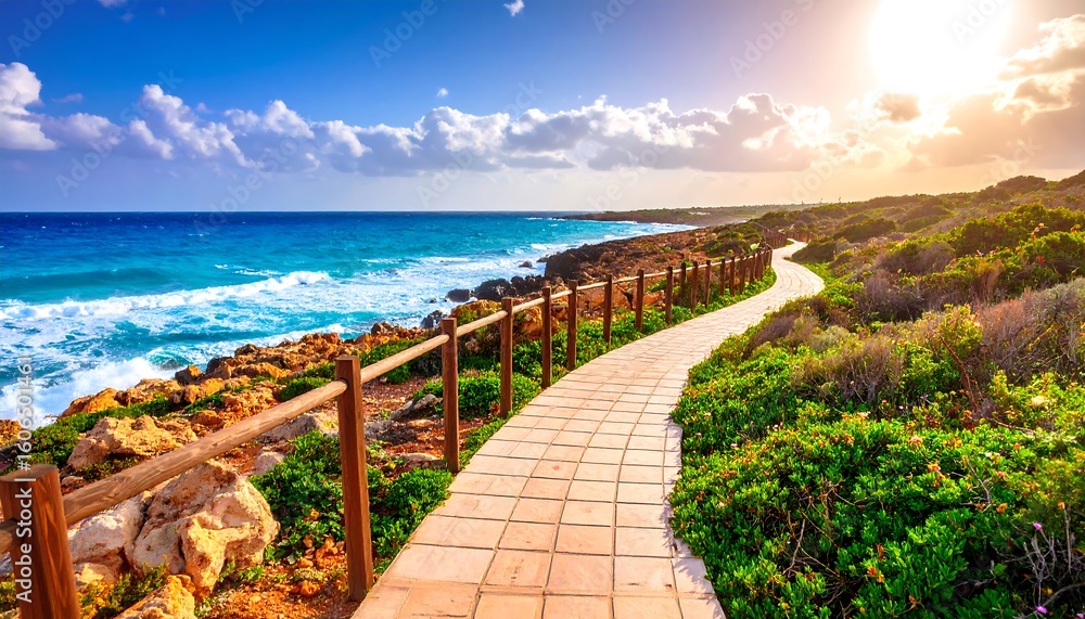 Obraz premium Coastal walkway path at sunset