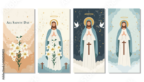 Gentle All Saints' Day Illustration with Blessed Figure and Lilies6