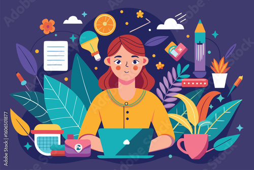 Freelancer working on a laptop amidst colorful illustrations of creative tools and plants in a vibrant workspace during the day