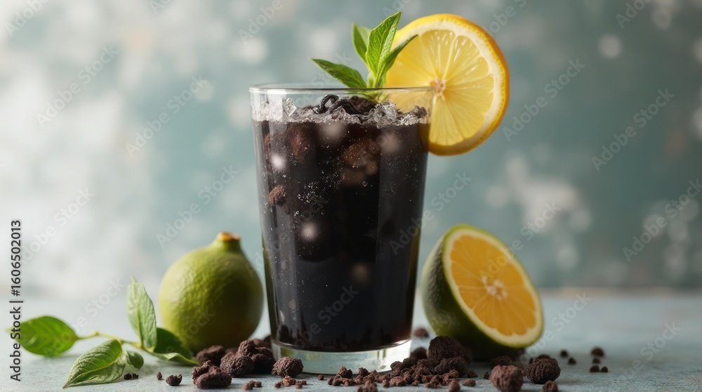 Fototapeta premium Black Lemonade with Lime and Lemon