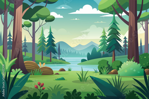 Tranquil forest landscape featuring vibrant greenery, a serene river, and a backdrop of distant mountains under a clear sky