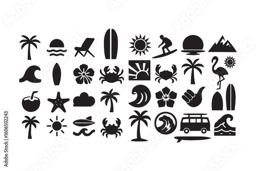 Tropical beach & surf silhouette vector set, bold black icons featuring palm trees, ocean waves, surfboards, retro van, flamingos & coastal elements summer vibes, t-shirts, posters & travel.eps
