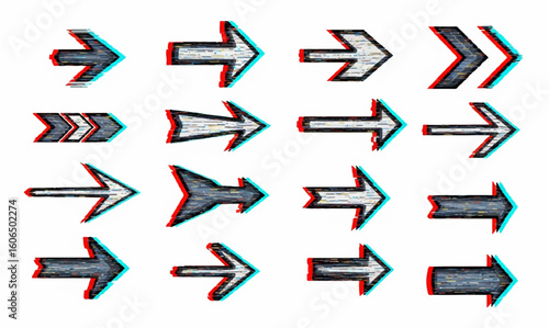 Set of sixteen hand drawn arrows on white background,tech-themed designs, posters, or user interface elements that require a unique, eye-catching style.