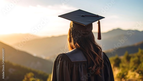 A woman in graduation attire gazes at a mountain vista during sunset