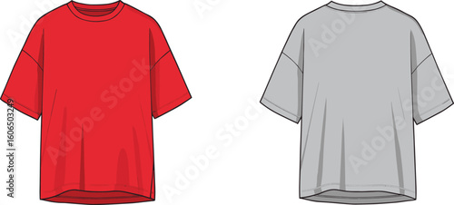 Oversized unisex t-shirt flat fashion sketch, front and back view, short sleeve, red and gray colors, casual wear, vector designOversized unisex t-shirt flat fashion 