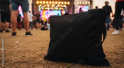 A photorealistic mockup of a person holding a blank, black tote bag at an energetic, crowded, outdoor music festival with a blurred stage.