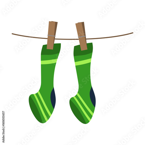 Green striped socks hanging on clothesline. Cartoon vector laundry illustration