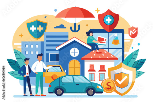 Illustrations depicting property security insurance concepts with various elements like houses, cars, shields, and symbols of protection in a colorful flat design setting