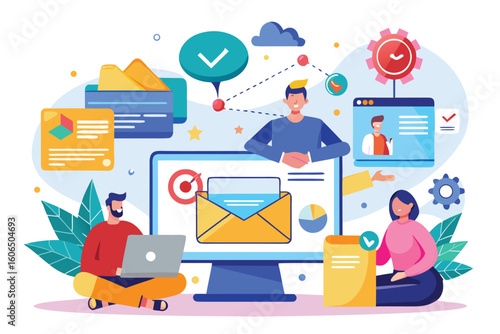 Exploring email marketing strategies through flat illustrations depicting user engagement and digital communication in a creative workspace