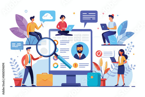 Freelance job seekers engage in online work with digital tools and diverse interactions in a modern workspace setting