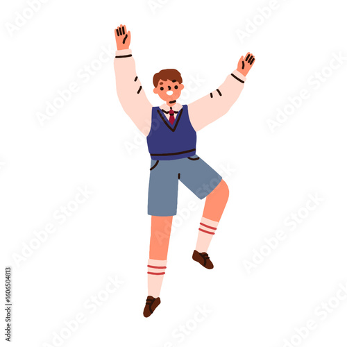Happy school kid. Excited boy student celebrating with hands, arms raised up,...