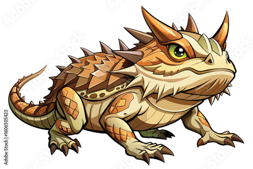 Stylized Cartoon Horned Lizard Illustration with Spikes and Scales Depicted in a Comic Book Art Style