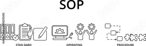 Banner "Standard Operating Procedure". SOP is a set of step-by-step instructions compiled by an organization to help workers carry out complex routine operations. Vector illustration concept