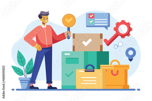 Quality control manager ensuring standards with approval sign next to packaged goods and checklist graphics in a modern workspace