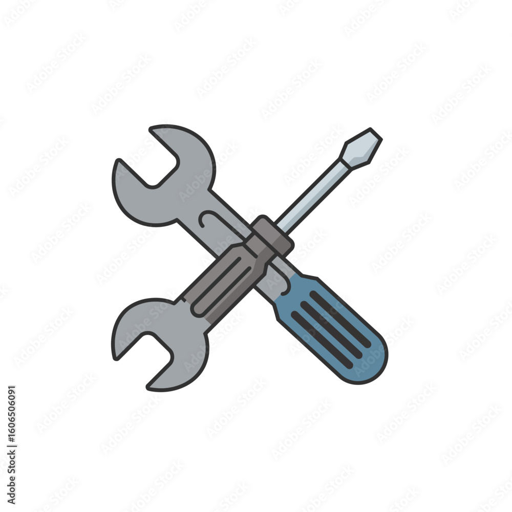 A clean, vector illustration shows a gray wrench and a blue-handled screwdriver crossed, representing maintenance, service, or configuration. A clean, vector illustration shows a gray wrench and a blue-handled screwdriver crossed, representing maintenance, service, or configuration.