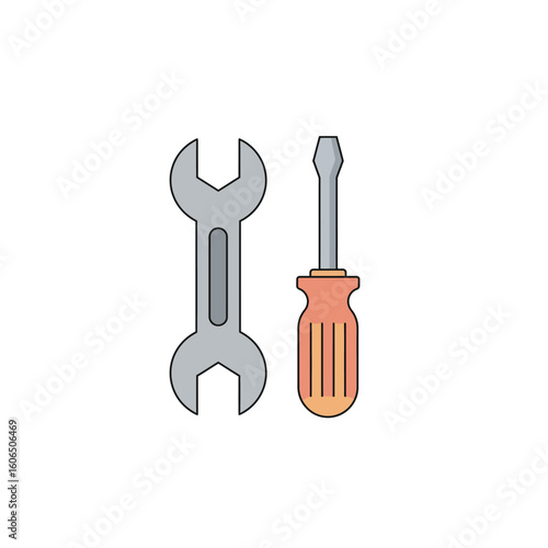 A simple vector illustration depicts a silver wrench and a flathead screwdriver with an orange handle against a clean white backdrop, symbolizing repair services.
