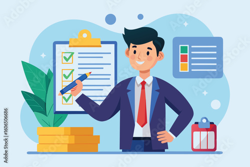 Manager holds pen completing tasks while standing by checklist and charts during a productive workday in a modern office setting