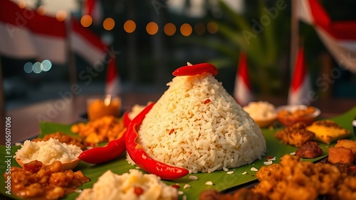 Festive tumpeng rice cone with colorful side dishes, embodying Indonesian Independence Day's culinary traditions.