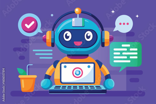 Cute AI robot engages in voice chat with users, showcasing its friendly interface and interactive design in a colorful digital environment