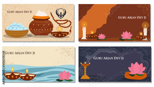 Guru Arjan Dev Ji Commemoration Vector Banner Set - Sikh Religious Graphics with Diyas, Lotus & Khanda