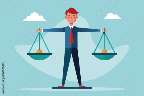Confident businessman lifting scales to balance tasks and responsibilities in an office environment during the daytime