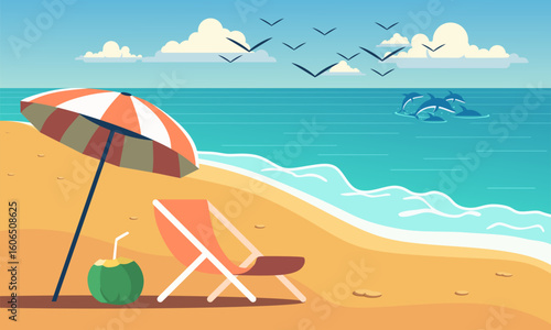 Vector cartoon style background of sea shore. Good sunny day Summer Background. Tropical blue sea and a sand beach vector background