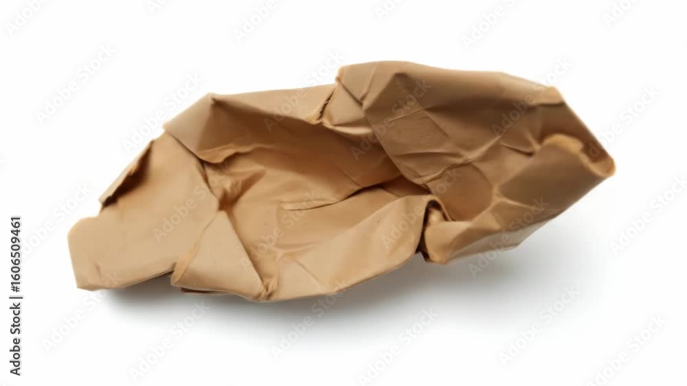 A crumpled, light-brown paper ball, irregularly shaped, showing deep creases and folds, isolated on a stark white background A crumpled, light-brown paper ball, irregularly shaped, showing deep creases and folds, isolated on a stark white background