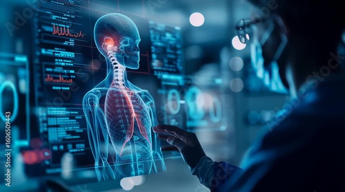A doctor carefully examines a virtual x-ray projection with focused attention. The integration of advanced technology in medical diagnostics. Generative AI.