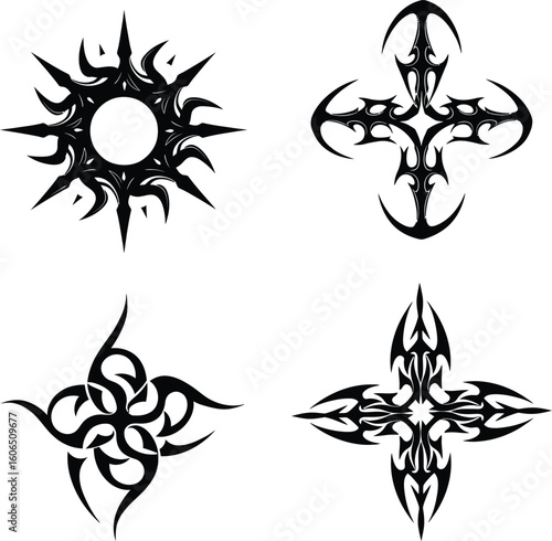 A set of black Celtic knot and cross designs with floral and tribal elements, perfect for vintage tattoo illustrations or decorative patterns