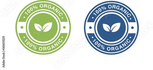 This vector icon set is ideal for food packaging, natural cosmetic branding, or any design needing to clearly label a product as fully organic and sustainable.