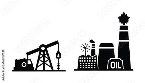 Black Oil Extraction and Refinery Plant Icons, Industrial Factory Silhouette, Vector Illustration
