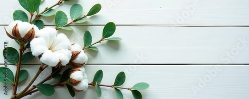 Delicate eucalyptus and cotton blooms on light wood A fresh, airy floral arrangement , spring, element