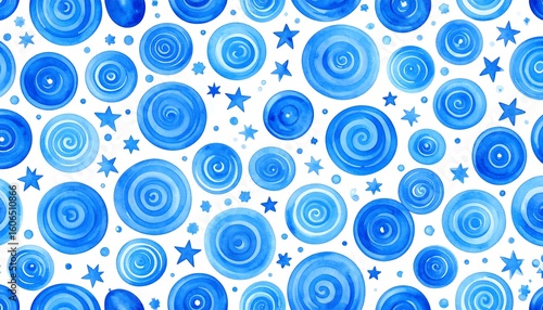Abstract pattern of swirling blue circles and stars on white