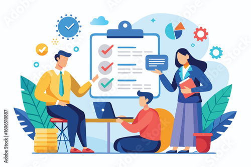 Business professionals collaborate in a meeting discussing project goals and strategies at a modern workspace during a productive workday