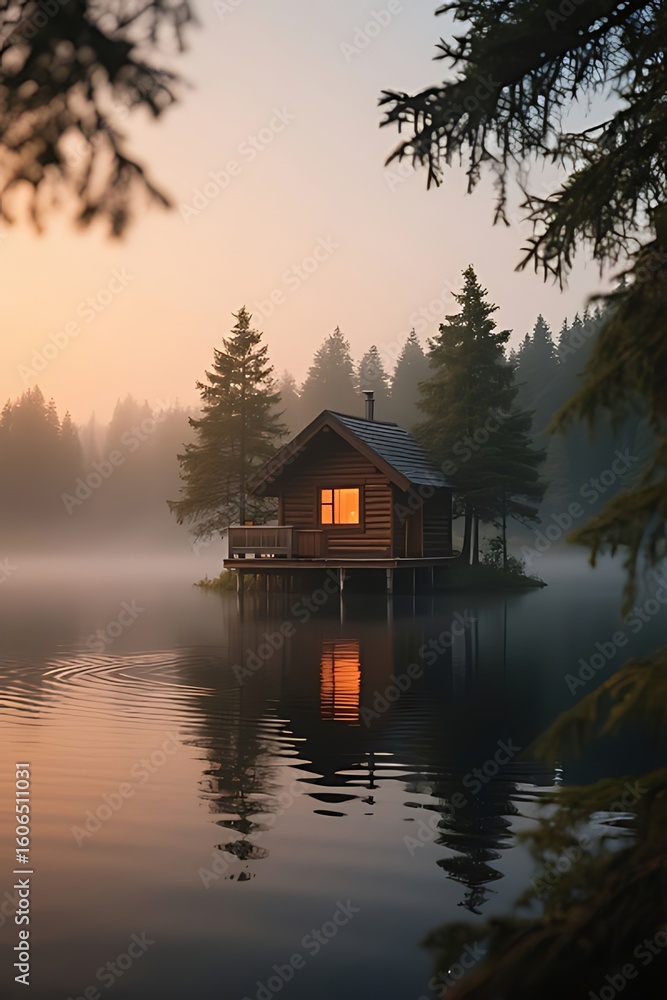 Obraz premium A wooden cabin floating on stilts at the center of a misty forest lake, its window glowing with soft orange light