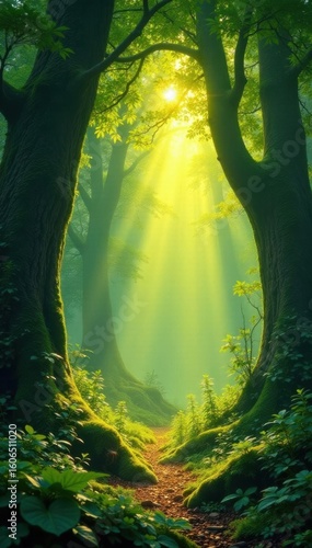 Golden sunlight pierces emerald canopy, illuminating mystical forest floor, illustration, leaves