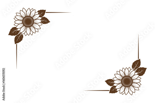 Brown Sunflower Corner Frame Design with Leaves, Floral Elements, Decorative Border, Rectangle Shape, Vector Illustration