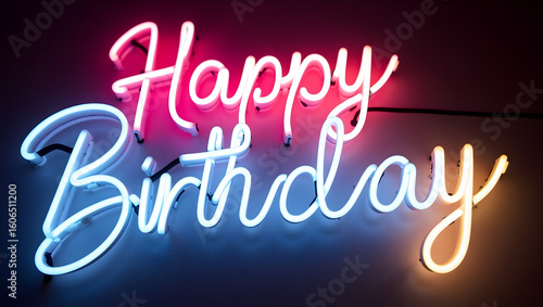 graffiti birthday colorful text glowing on wooden black background festive lighting wall design style