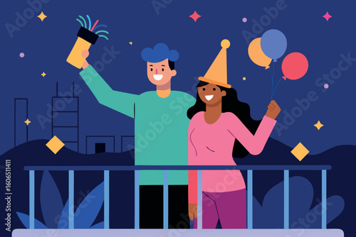 A couple is celebrating a special occasion on a balcony at night