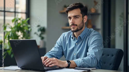 Man Using Laptop at Desk