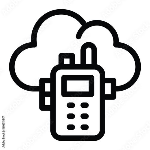 A black line art icon of a walkietalkie in front of a cloud