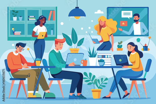 Group of flat hand drawn people collaborating in a shared workspace during daytime, utilizing technology and engaging with each other in a creative environment