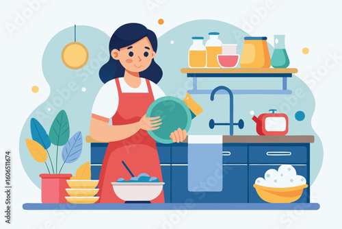 Mother engages in washing dirty dishes in a modern kitchen during the day while maintaining a tidy and cheerful environment with various kitchen items
