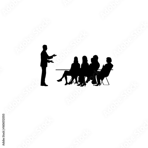 Silhouette of leadership trainer speaking to seminar attendees on white background