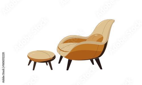armchair ottoman with stitched seams, cozy flat vector