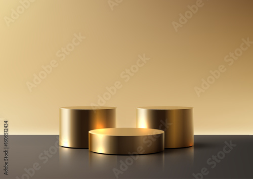 luxury gold 3d podium with elegant cylindrical shapes on reflective surface background perfect for product display mockup showcase showroom scene visual template