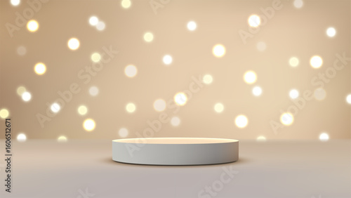 luxury gold background with white pedestal and bokeh lights for elegant product display mockup or showcase